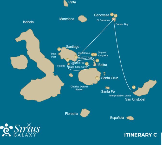 Karte der Galápagos-Inseln mit eingezeichnetem Reiseverlauf C der Galaxy Sirius