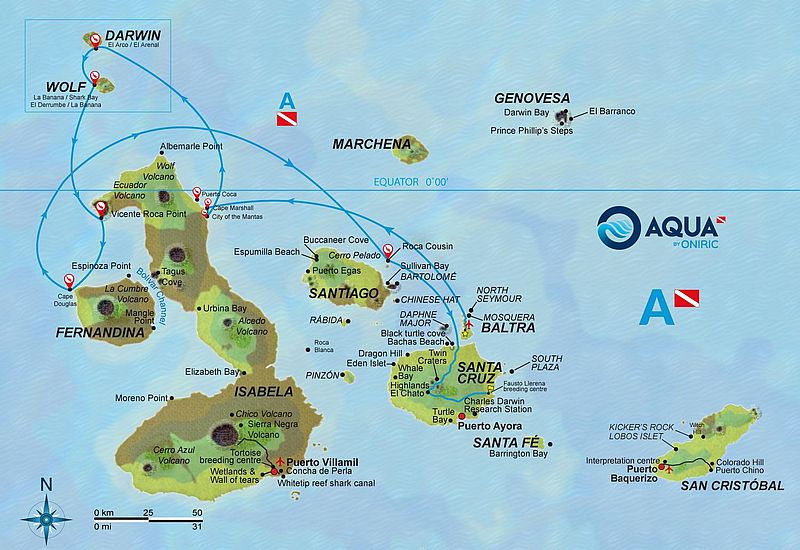 Karte der Galapagos Inseln mit dem eingezeichneten Verlauf der Tauchkreuzfahrt