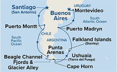 Bild vom  Reiseverlauf ab Santiago de Chile bis Buenos Aires bei der Kreuzfahrt Rund um Kap Hoorn